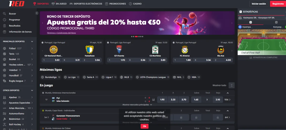 Portada del sportsbook de 1Red con fútbol y máximas ligas