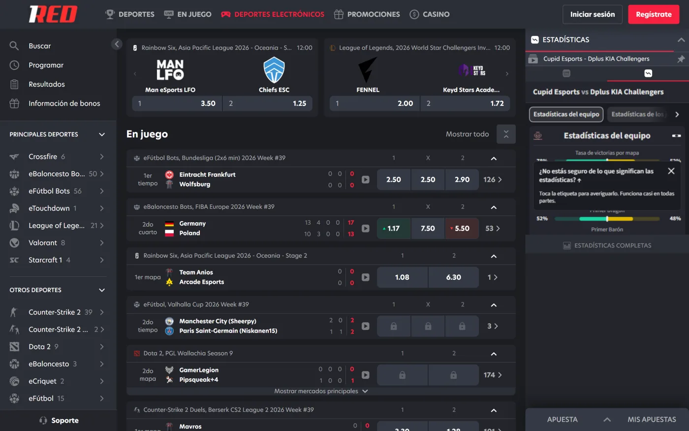 Apuestas de esports en 1Red: Counter-Strike 2, Dota 2 y eFútbol