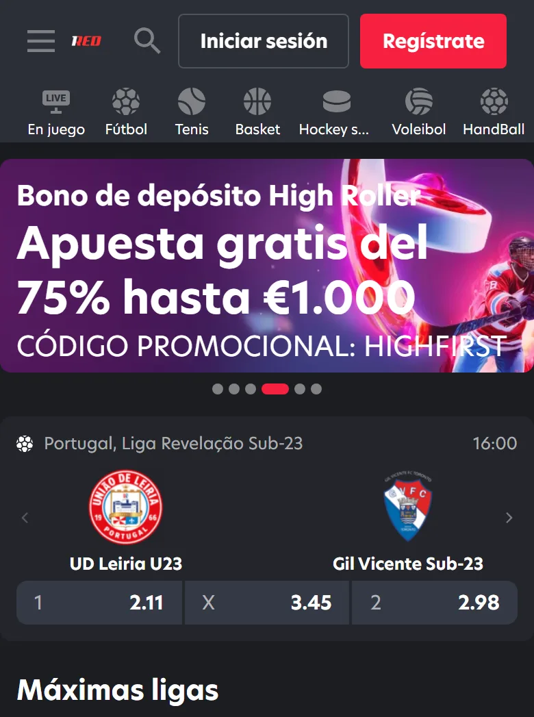 Sportsbook de 1Red apuestas abierto en el celular