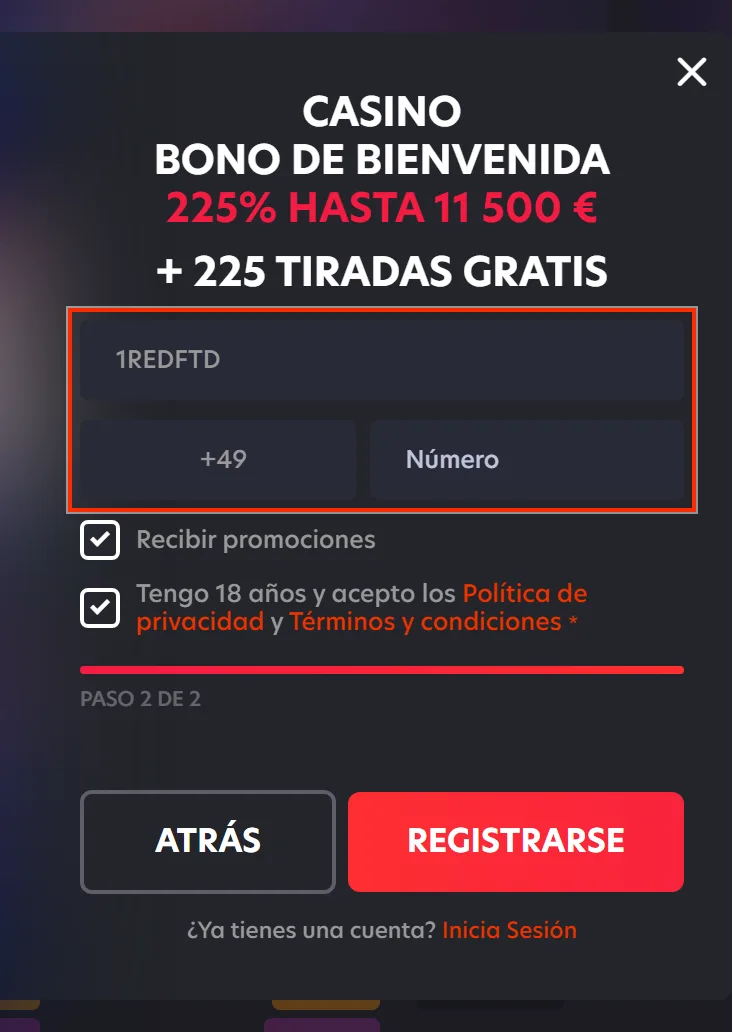 Código promocional 1REDFTD escrito y prefijo de teléfono por revisar en el registro de 1Red
