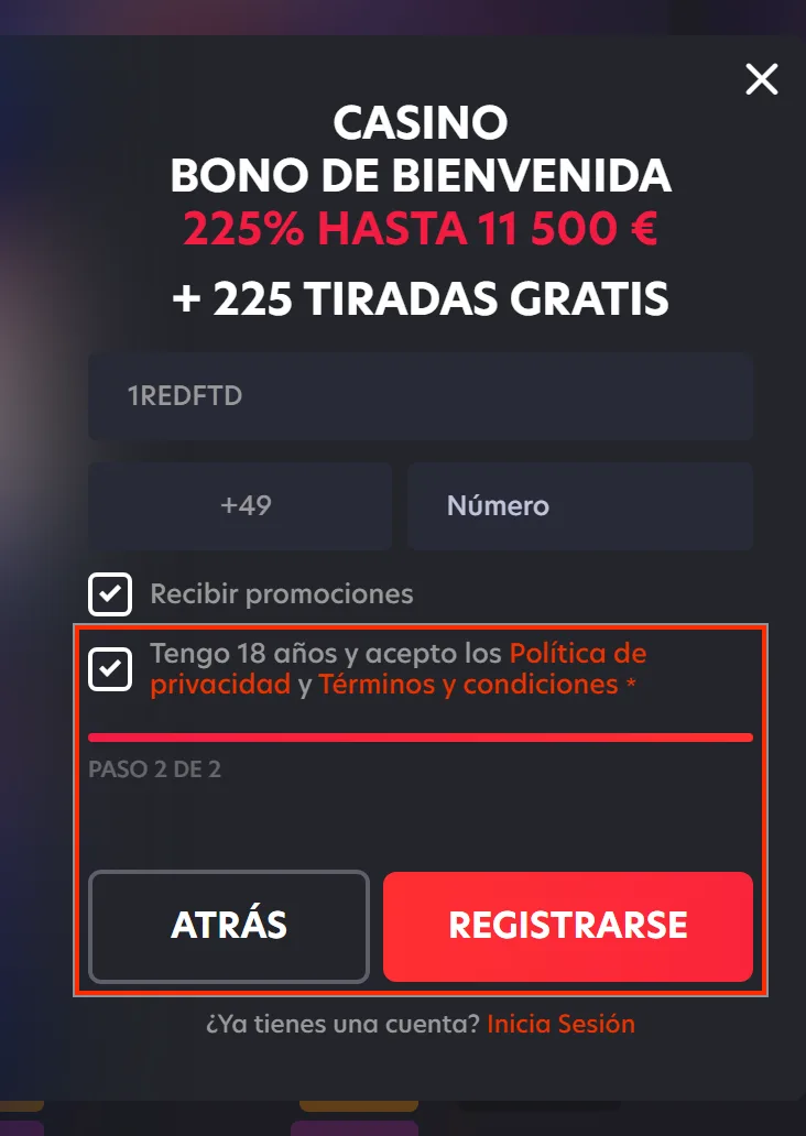Casilla de términos marcada y botón Registrarse para terminar el alta con código en 1Red