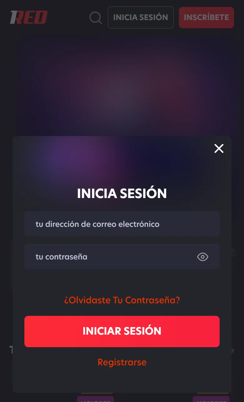 Ventana de inicio de sesión de 1Red en el navegador del celular