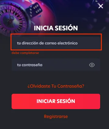 Campo de correo electrónico en la ventana de 1Red casino login