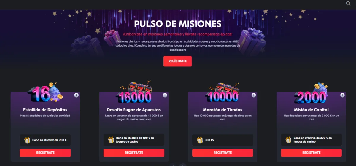 Pulso de misiones con recompensas en el casino 1Red