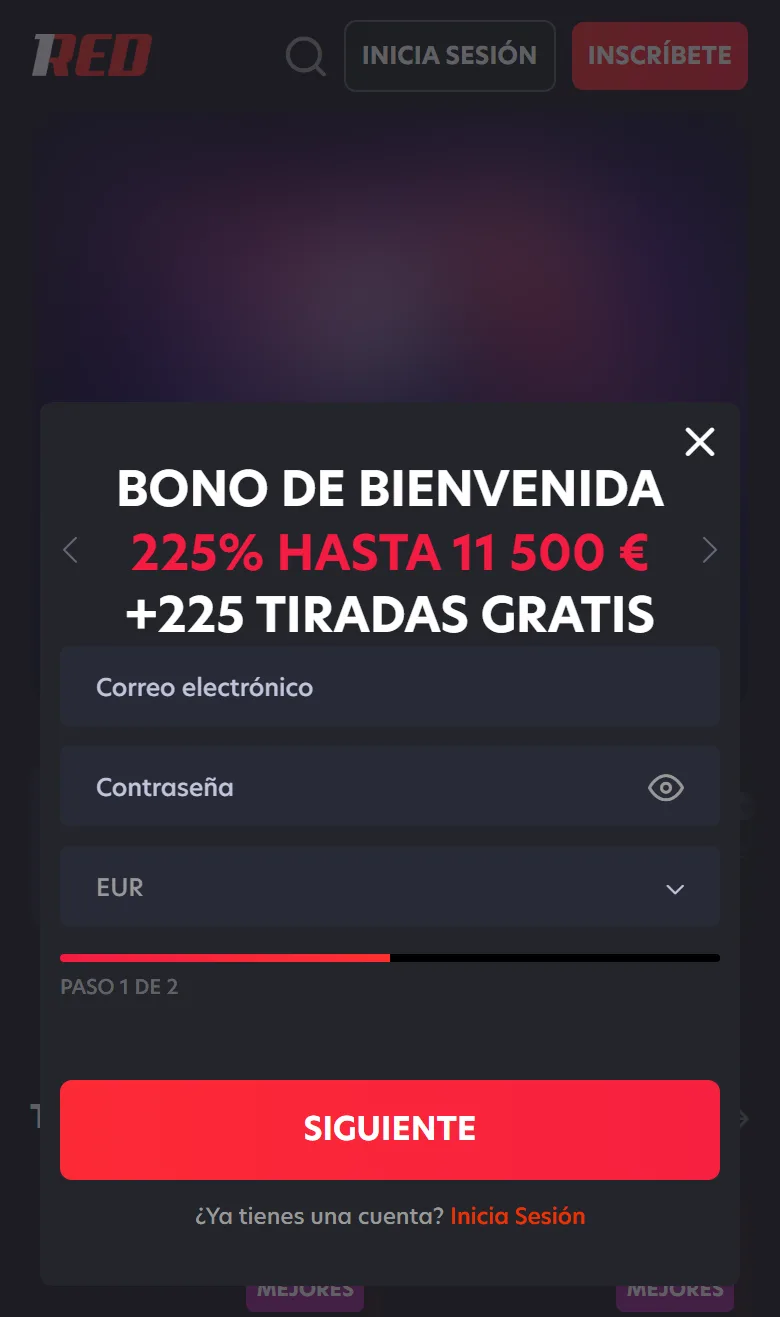 Ventana de registro de 1Red abierta en el celular