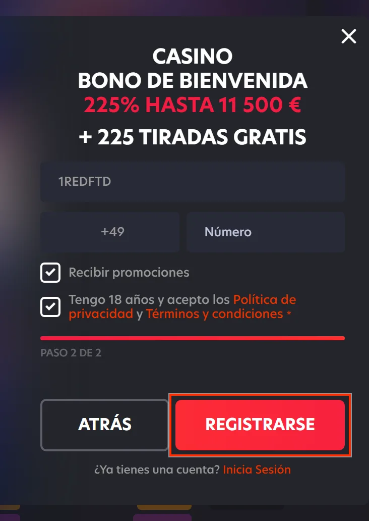 Botón Registrarse al final de la segunda pantalla del registro de 1Red