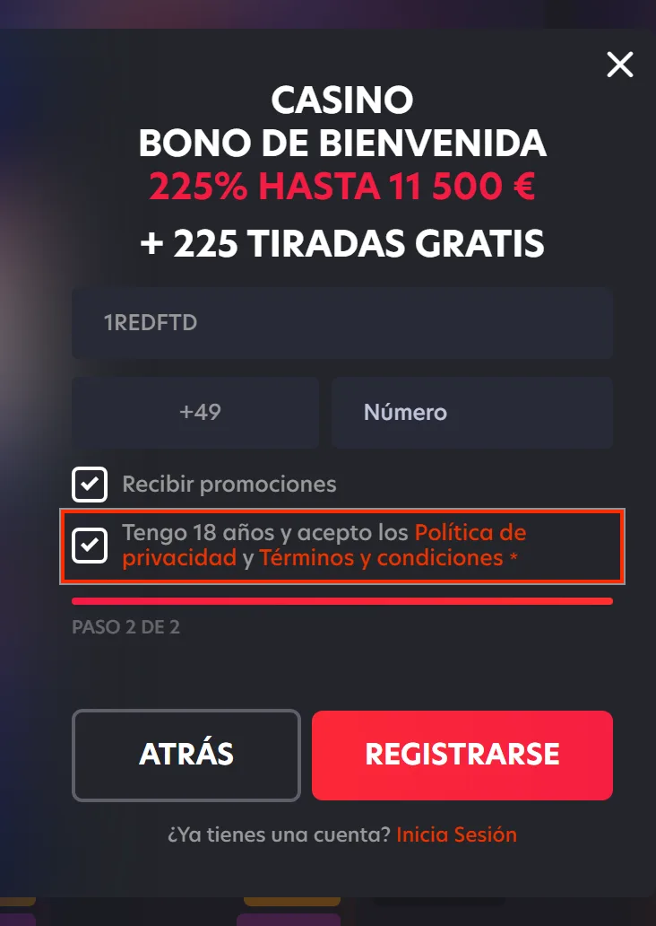 Casilla obligatoria de mayoría de edad y aceptación de términos en el registro de 1Red