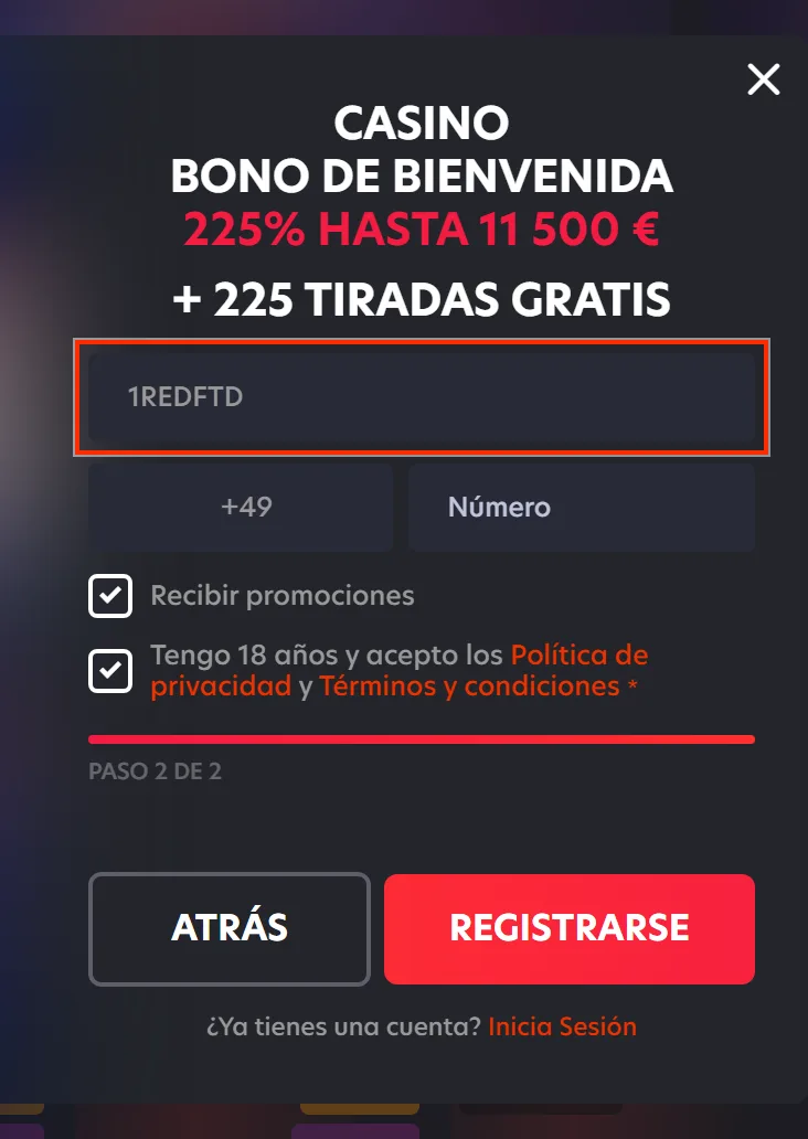 Campo Código de bonificación con 1REDFTD en la segunda pantalla del registro de 1Red