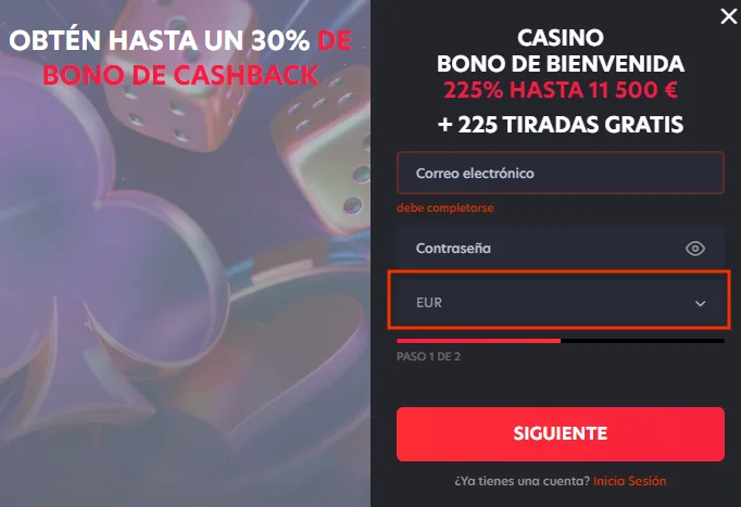 Selector de moneda del registro de 1Red con EUR marcado