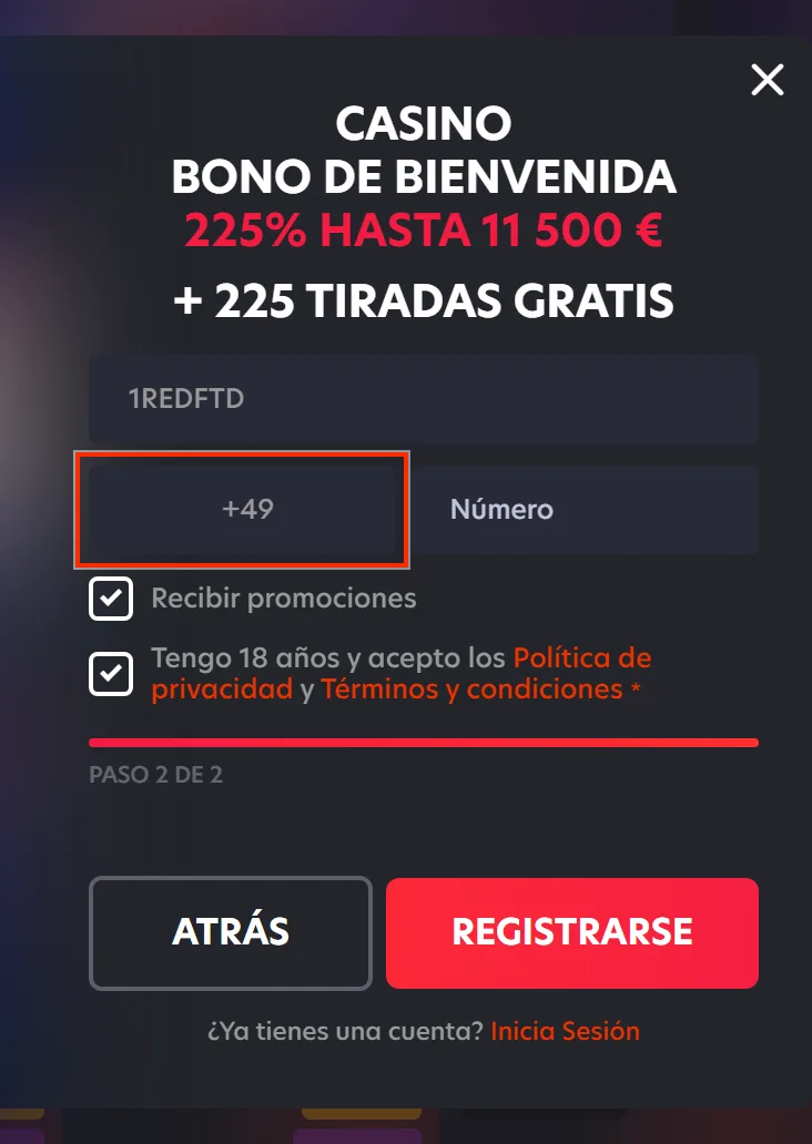 Prefijo del teléfono en +49 en el registro de 1Red, que hay que cambiar a +56