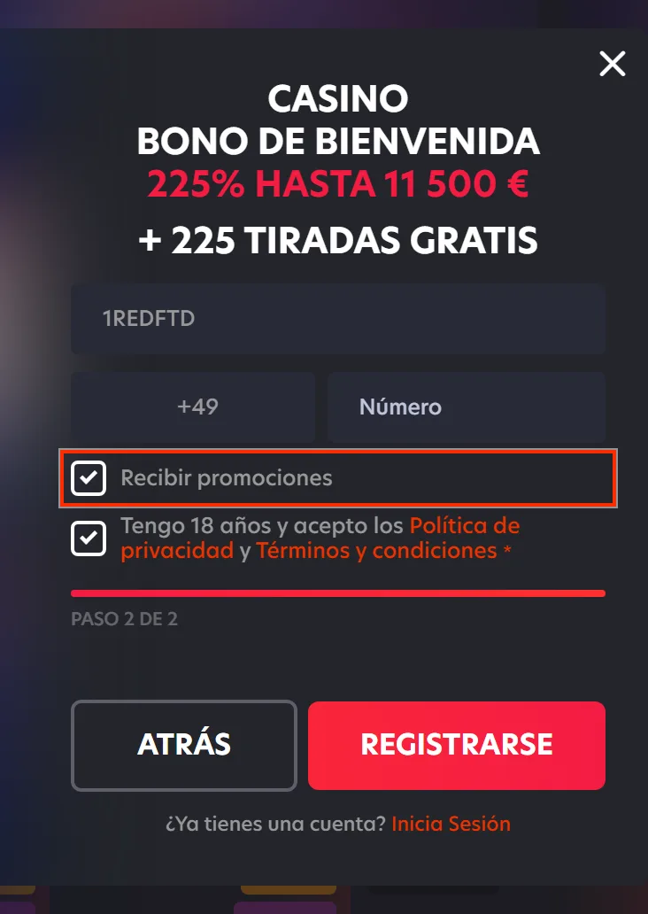 Casilla Recibir promociones marcada por defecto en el registro de 1Red