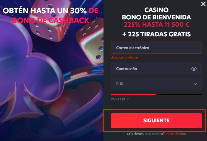 Botón Siguiente que pasa a la segunda pantalla del registro de 1Red
