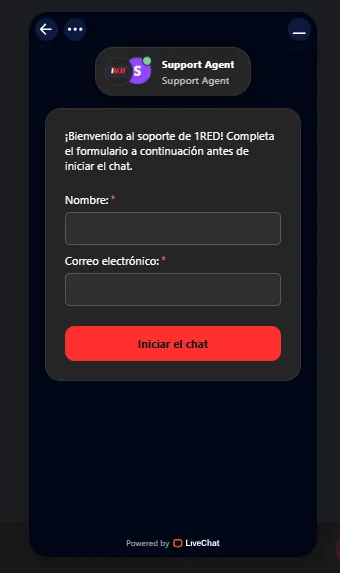 Formulario del chat en vivo del soporte de 1Red