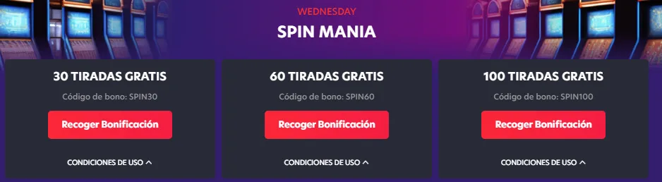 Spin Mania de los miércoles en 1Red con los códigos SPIN30, SPIN60 y SPIN100